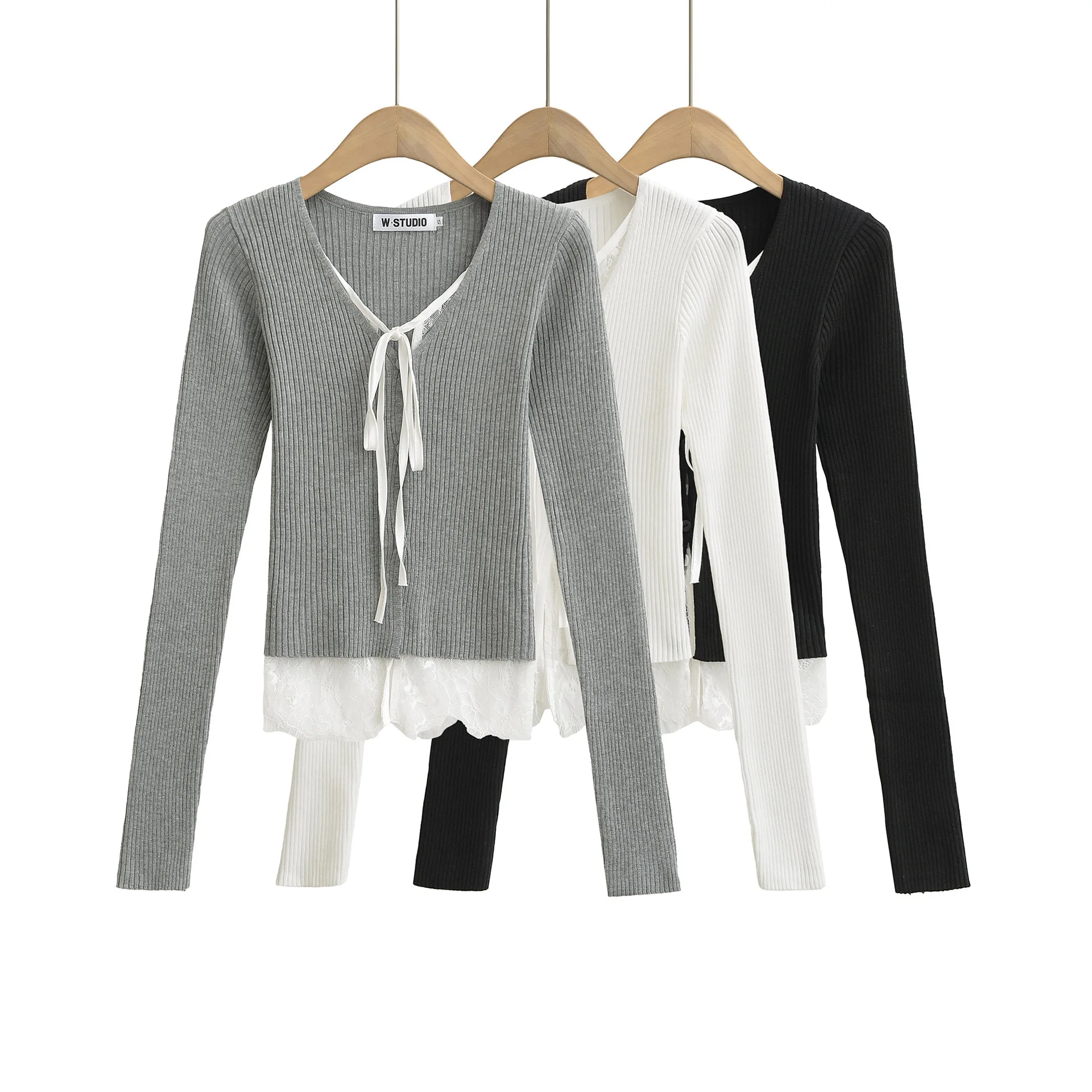 

Женский вязаный кружевной открытый кардиган с v-образным вырезом, осенняя мода, стиль Pure Desire, нижний подол, искусственный двухсекционный топ с поясом