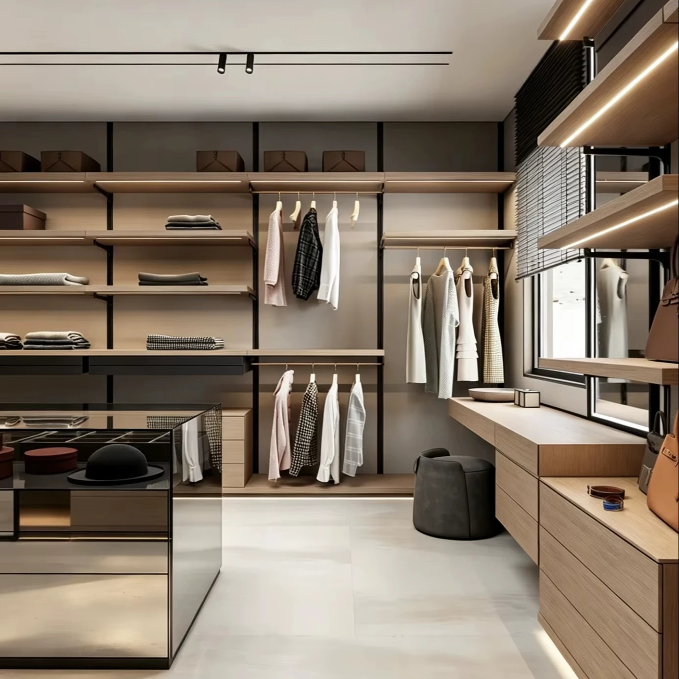 Modern Open Walk In Closet System Custom Metal Frame Wardrobe With LED Light Multi Storage Drawers & Hanging Zone
