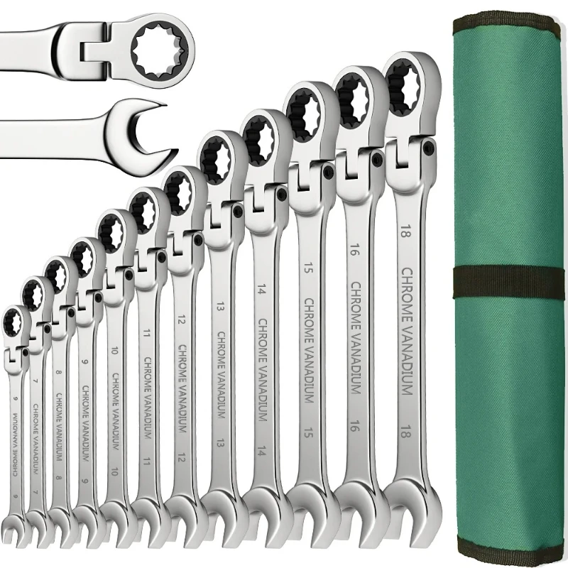 Canvas Bag Ratchet Spanner Wrench Set 8-22mm Gear Ring Ratcheting Combination Wrench Kit Metric Flexible Head with