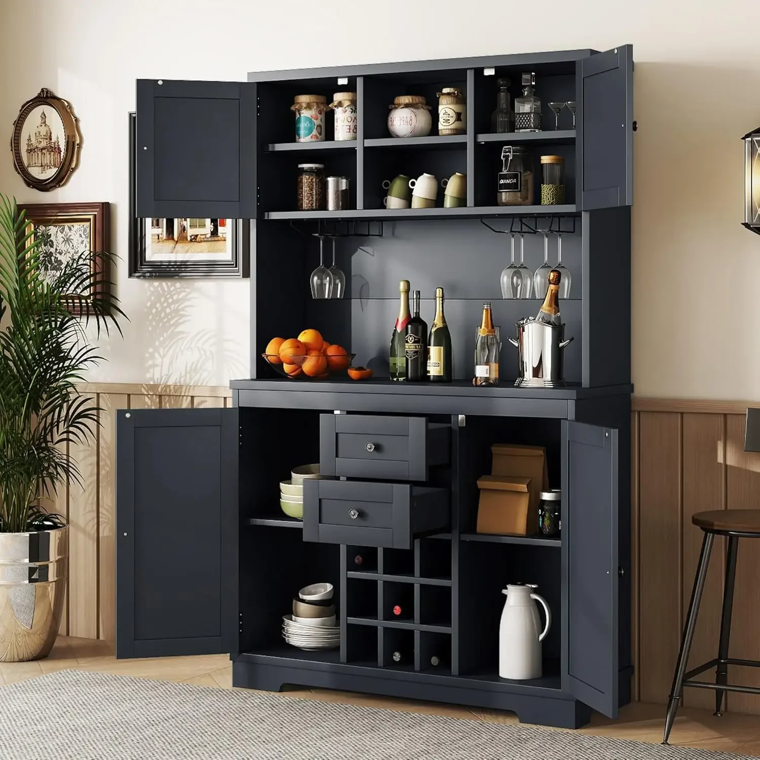 

72" Bar Cabinet, Large Kitchen Buffet with Hutch w/Wine Glasses Rack, Drawers Shelves and cabinets& Glass Racks for Dining Room