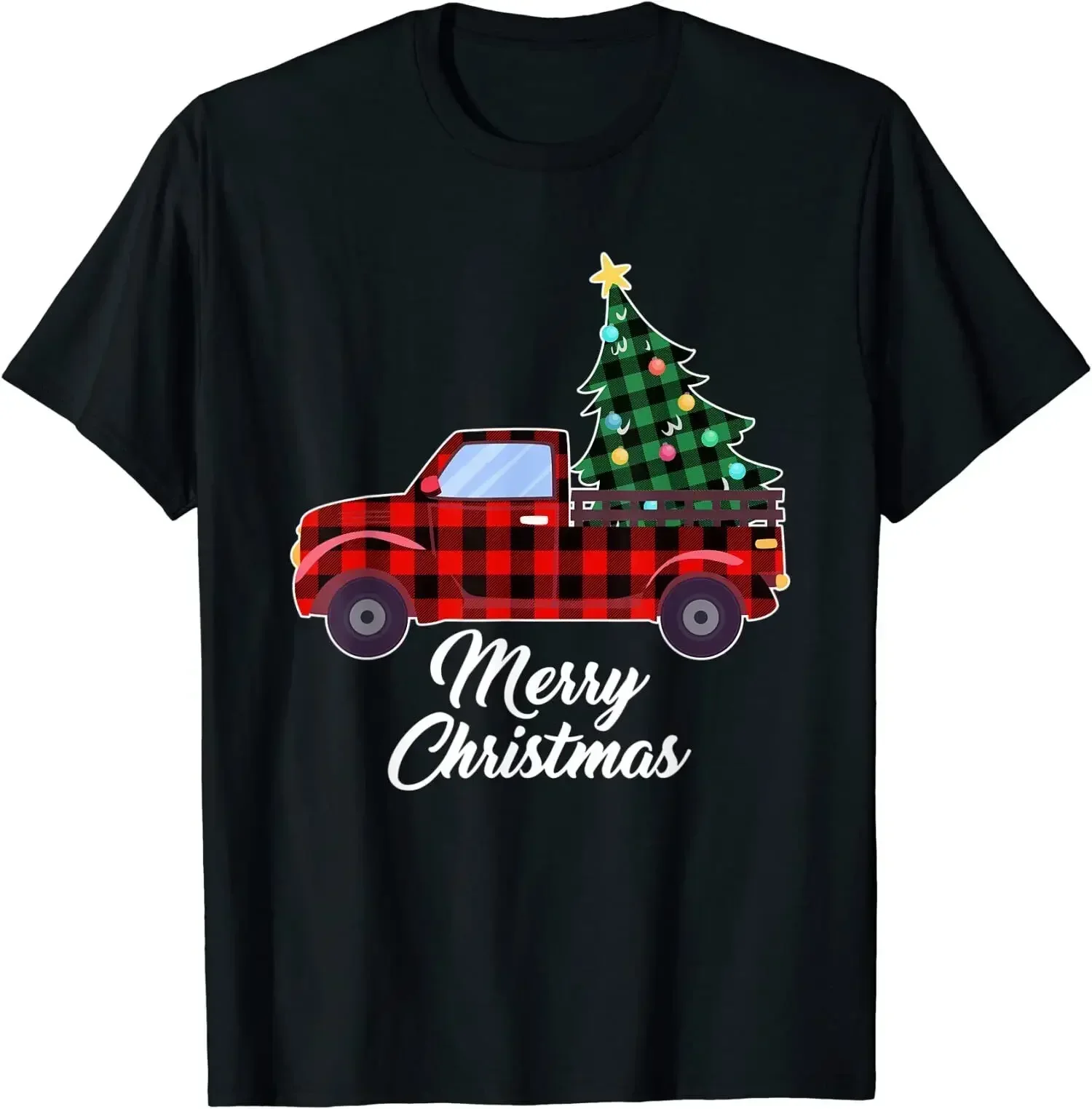 Merry Christmas Tree Buffalo Plaid Red O-Neck Cotton T Shirt Men Casual Short Sleeve Tees Tops Harajuku Streetwear