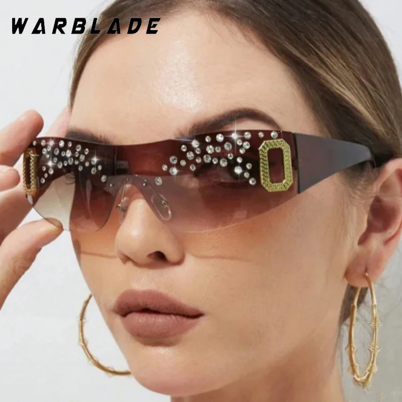 

Luxury Rimless One-Piece Rhinestone Decorate Women's Sunglasses Design Brand Fashion Men Sunglass Summer Travel Eyewear UV400