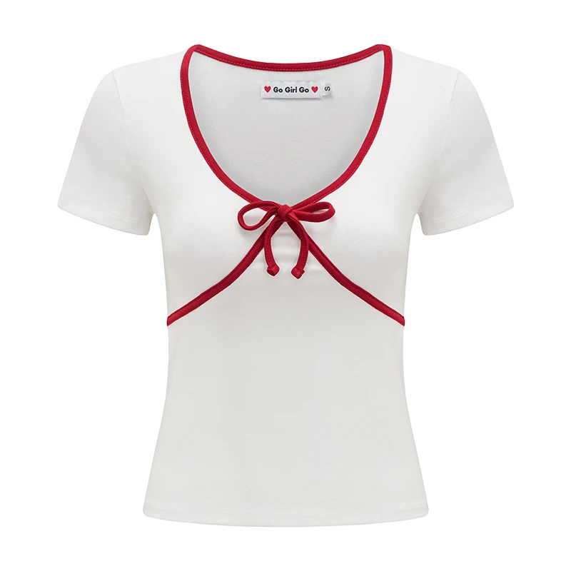 

European and American retro bow contrasting color front shoulder white T-shirt women's slim short-sleeved top