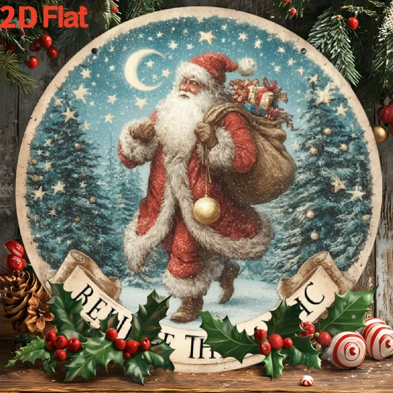 لافتة حائط معدنية مسطحة ثنائية الأبعاد، قطعة واحدة من سانتا كلوز ثلجية لتقديم الهدايا - زينة عيد الميلاد من الألومنيوم الدائري ثنائية الأبعاد مع سانتا ومزلاج، #1