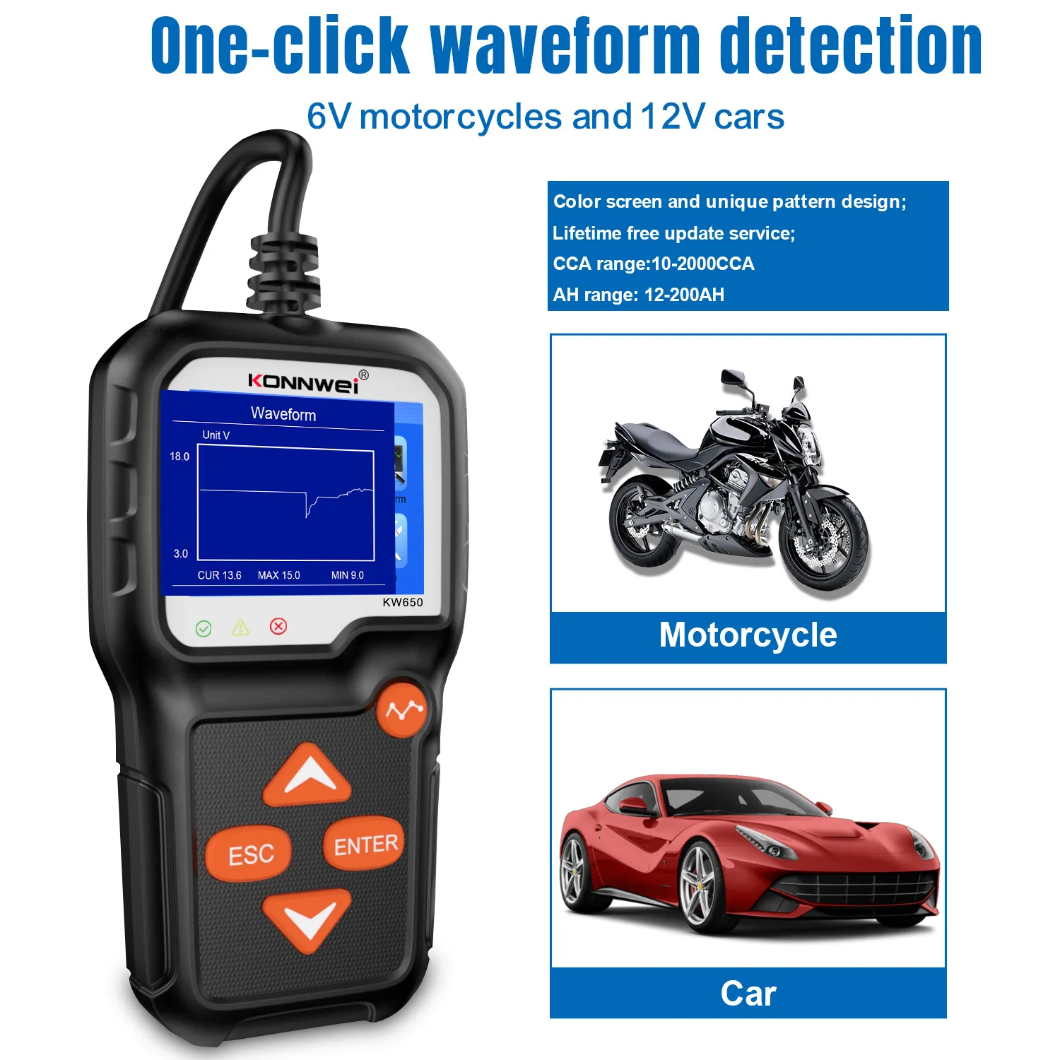 Car Motorcycle Battery Tester For 12V 6V Battery System Analyzer 2000CCA Charging Cranking Test Tools KONNWEI KW650