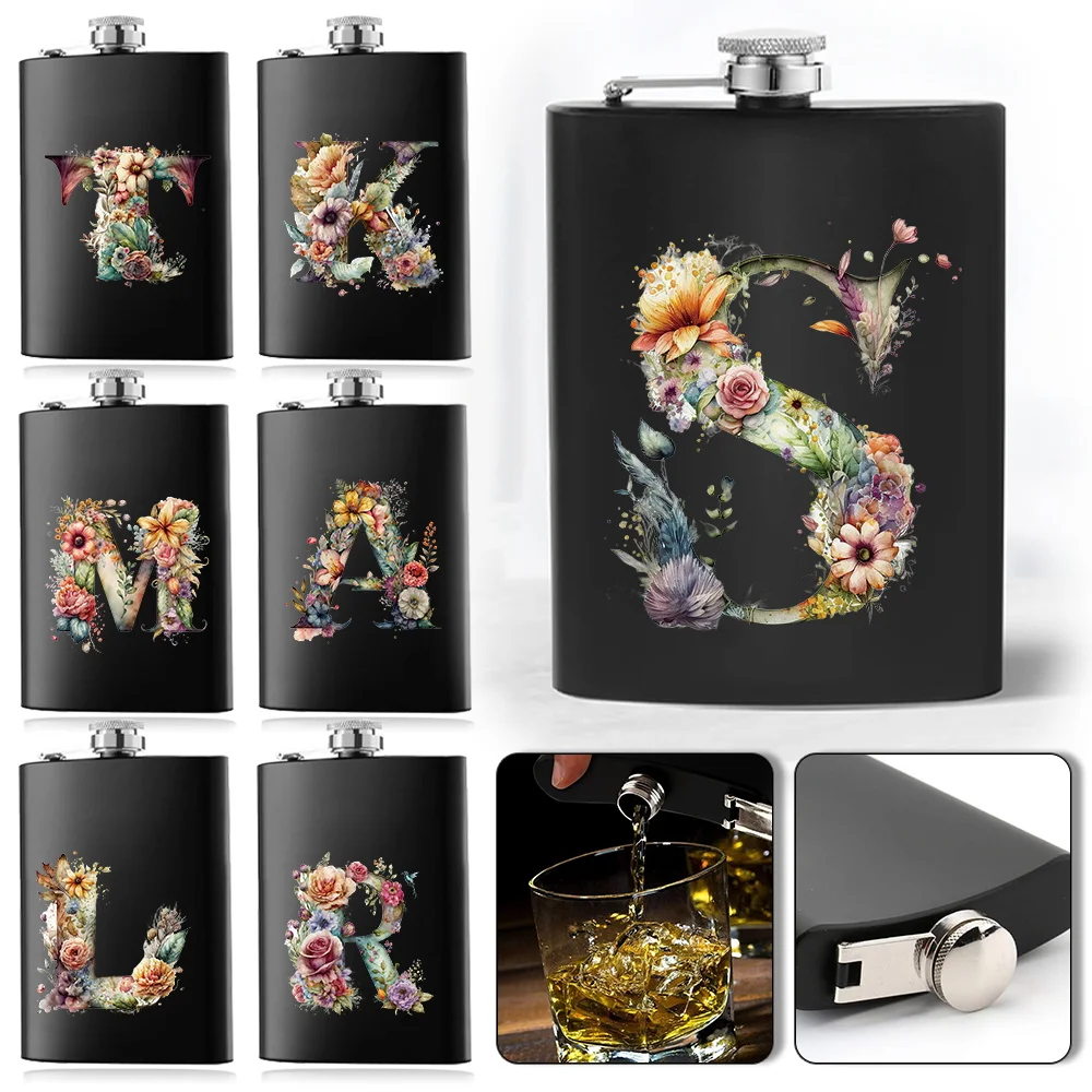 

Stainless Steel Flask For Men Wine Pot Pockets Water Bottle Never-Lose Cap Simplicity For Camping Travel Floral Letter Pattern