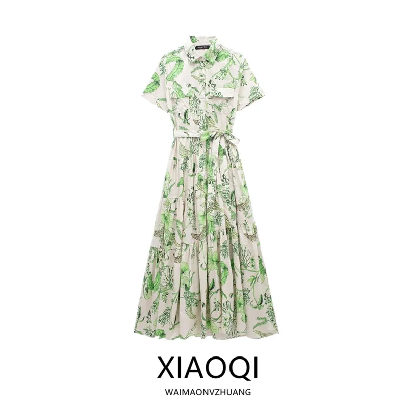 Summer 2024 Women's Slimming Versatile Floral Print irt Dr Midi Length Single Piece  Collar ort Sve Other Material