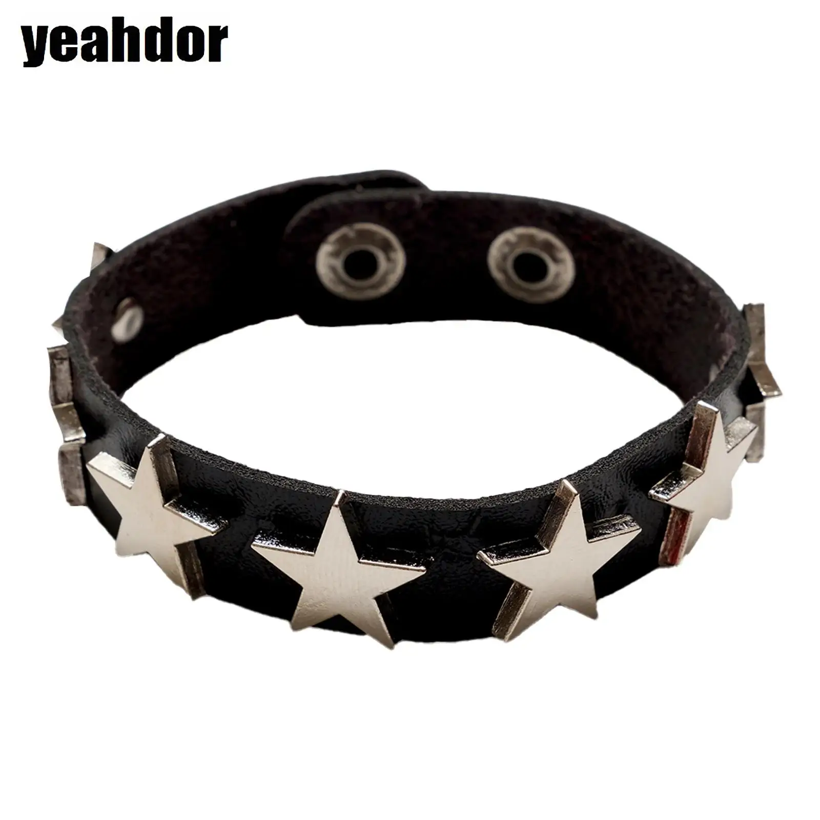 

Gothic Punk Faux Leather Bracelet Plastic Beads Metal Stars Rivets Adjustable Cuffs Wristband for Womens Girls