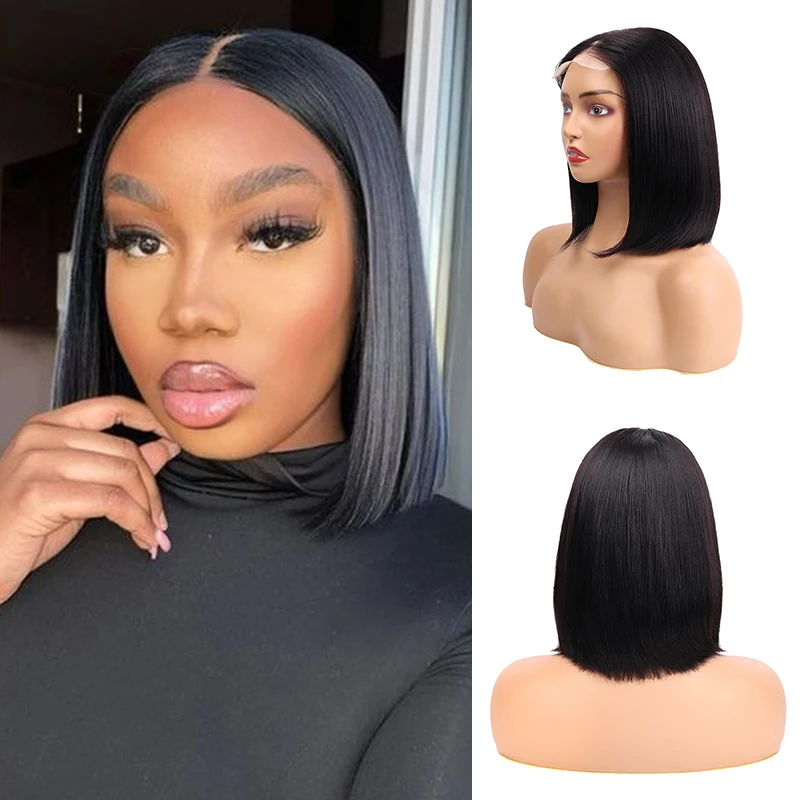 10-12inch Glueless Wigs Human Hair 4x4 Lace Front Wigs For Black Women Human Hair Glueless Human Hair Wig Straight 1B#