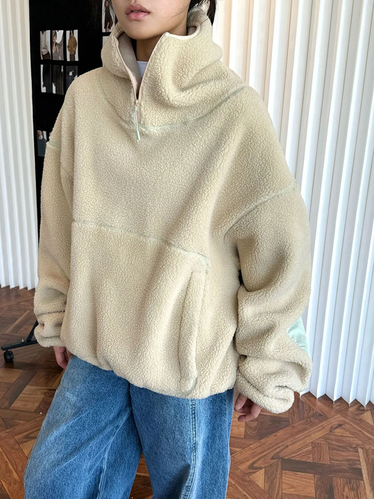 [EAM] Blue Lambswool Thick Casual Sweatshirt New Hooded Long Sleeve Women Big Size Fashion Tide Autumn Winter 2023 1DH7863