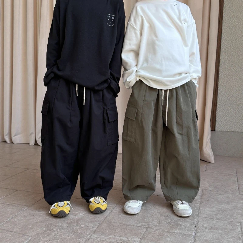 

2025 Autumn New Children's Fashion Solid Color Loose Side Pocket Stylish Pants
