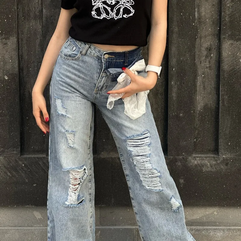 High Waist Tassel Broken Denim Shorts Frayed Hollow Tassel Female Summer Korean Straight Wide Leg Loose Y2K Hip Hop Jean Women