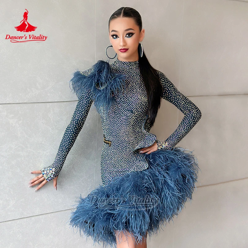 Adult&Child Latin Dance Luxury AB Stones Long Sleeves Dresss Women Samba Chacha Rumba Feather Clothing Custom Dancer's Vitality