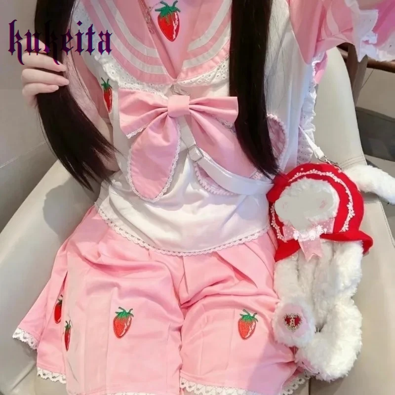 Japanese Sweet Lolita Jk Pleated Skirt Two Piece Sets Women Kawaii Y2k Cute Preppy Style Sailor Collar Top+Skirts Matching Sets