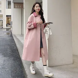 2026 Women Spring Long Trench Coat Contrast Color Pink Single Button Women Fashion Coat Casaco Feminino New Trench Femme