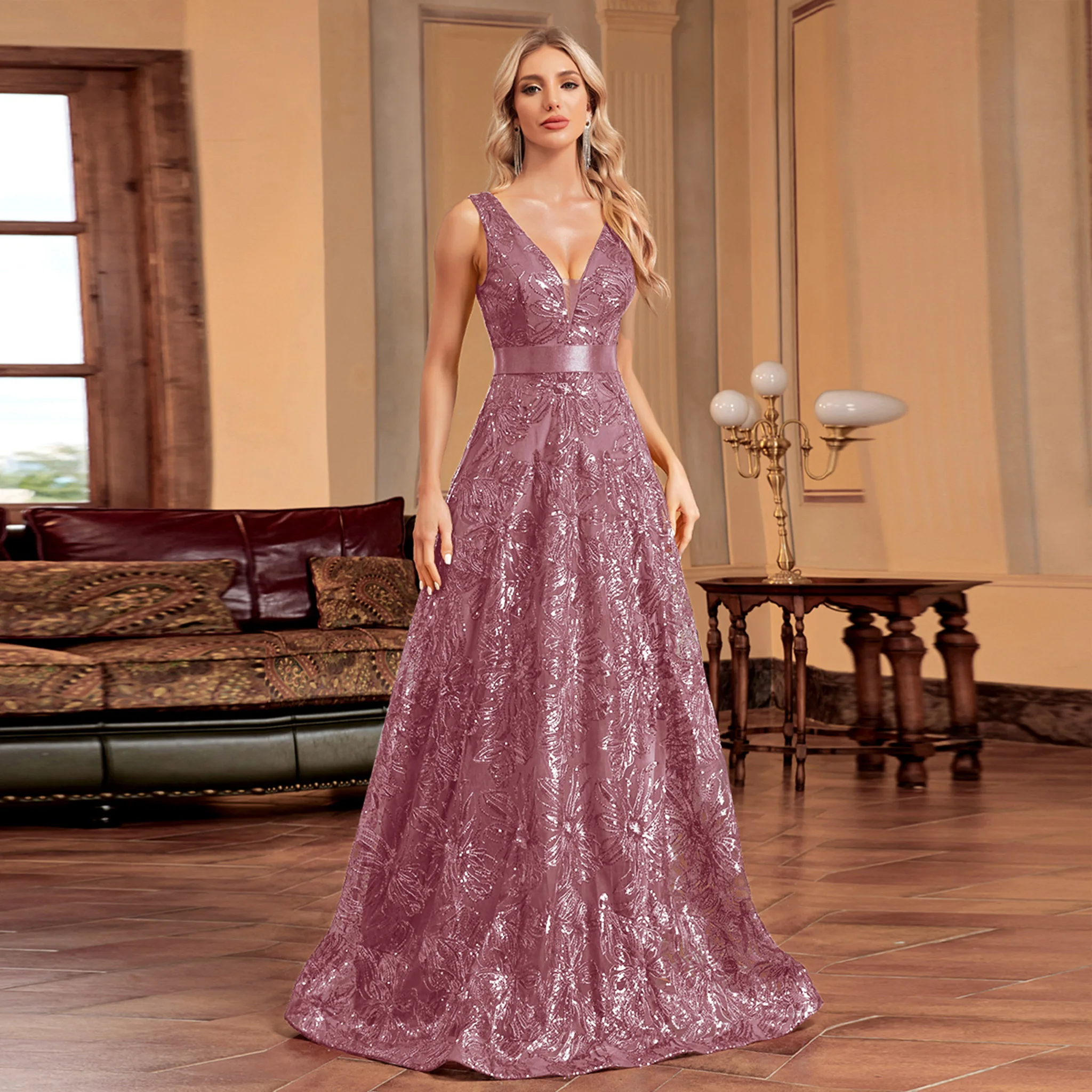 

Rosymae-Женское роскошное вечернее платье с v-образным вырезом и блестками, элегантное платье макси для выпускного вечера