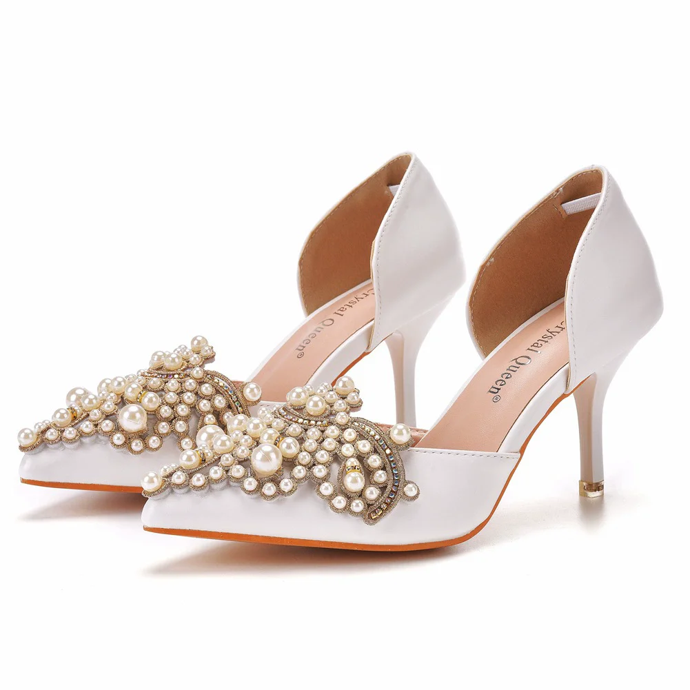 

Spring and summer pointed toe hollow pearl rhinestone buckle wedding shoes banquet large size thin high-heeled women's sandals