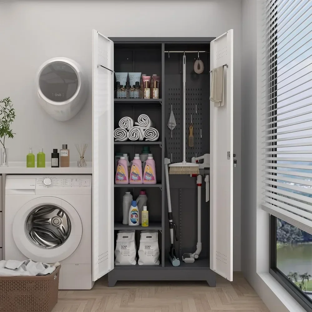 

Metal Cleaning Cabinet: Storage with Pegboard & Hanging Rod - Broom Closet Organizer for Tools​
