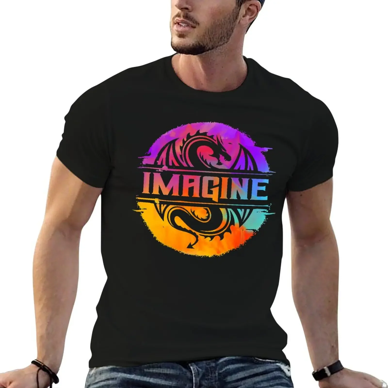 IMAGINE Colorful Watercolour Graphic Dragon T-Shirt designer shirts anime stuff Funny t-shirt mens t shirts pack