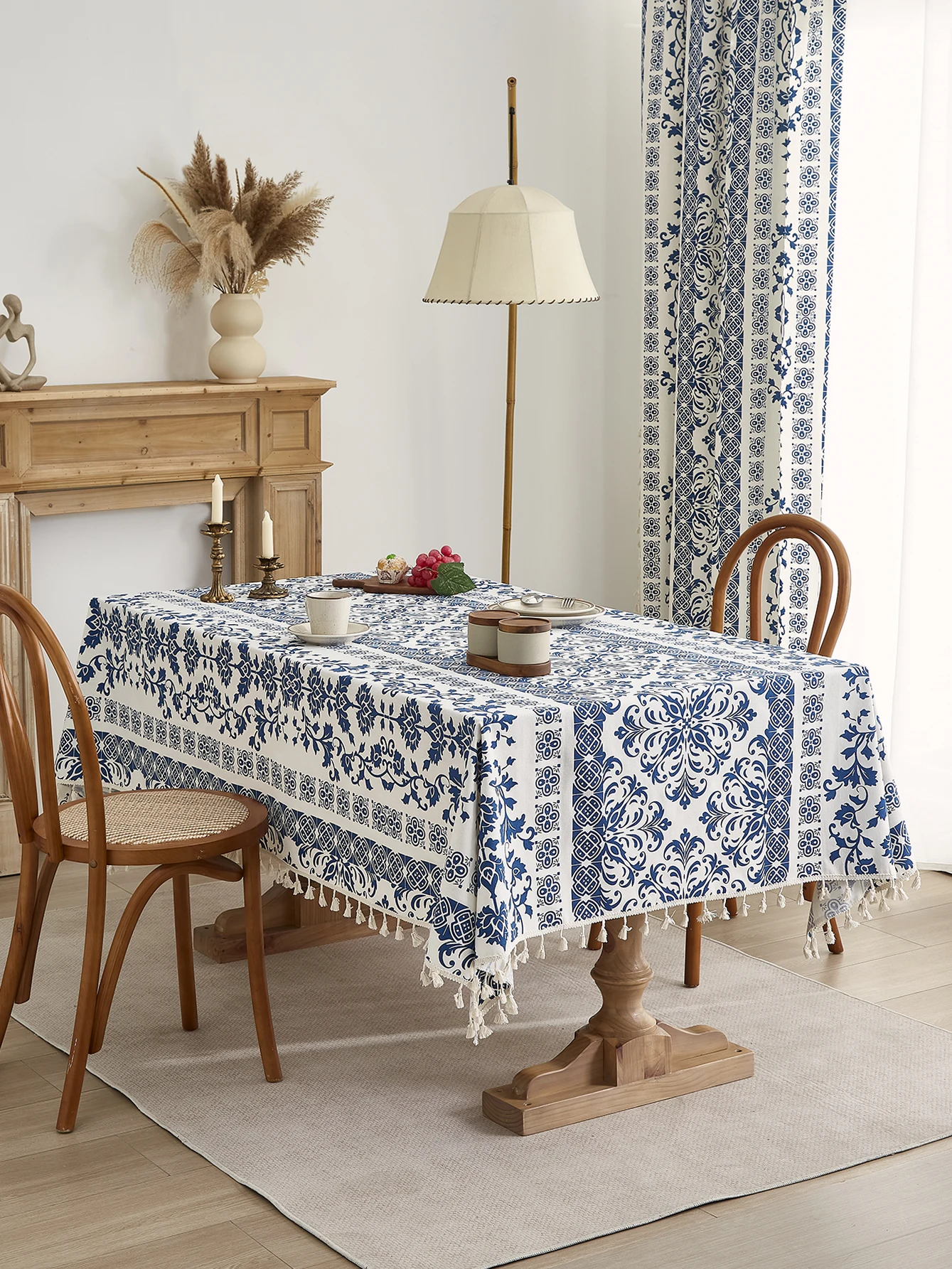 blue flower cotton linen texture tablecloth suitable for living room, coffee table, dining table fabric
