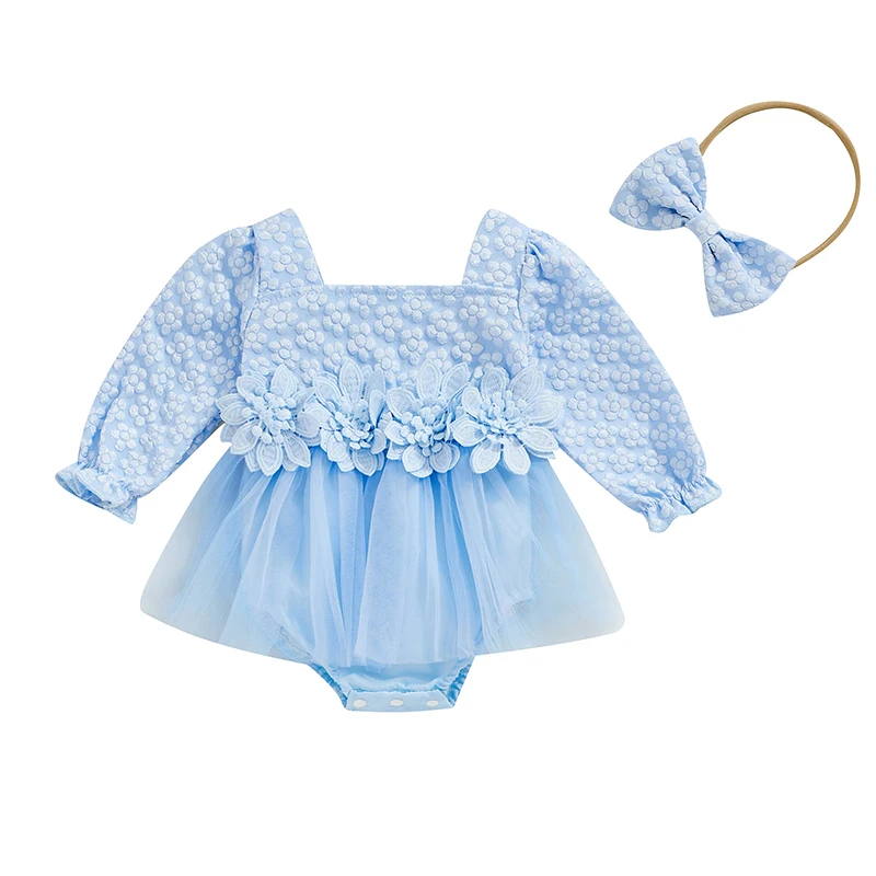 

Baby Girl Fall Outfit 3D Flower Ruffle Sleeve Square Neck Patchwork Mesh Romper Dress Bow Headband 2 Piece Set