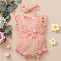 0-18 Months Newborn Baby Girl Plain Soft Bodysuit Lace Flared Sleeve Summer Romper with Headband Toddler Baby Girl Clothing