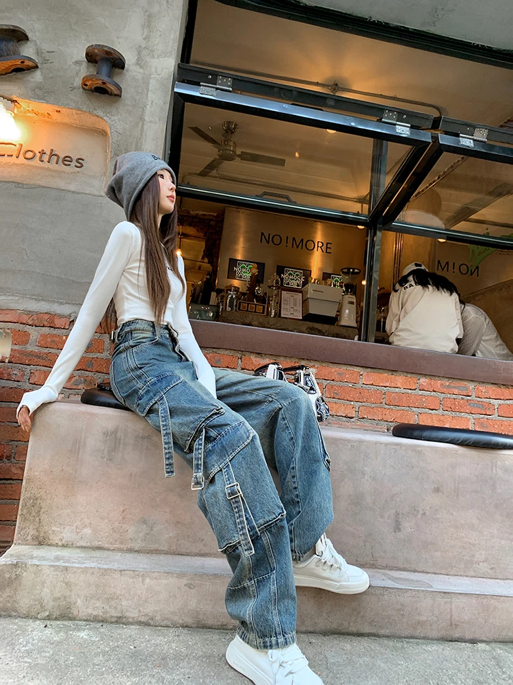 

Повседневные джинсовые рабочие брюки с высокой талией и широкими штанинами, женские осенние брюки с новым дизайном в американском стиле ретро, брюки для отдыха Utili