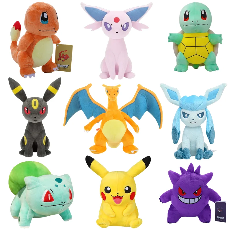 Pokemon Plush Stuffed Toy para crianças, brinquedos macios dos desenhos animados, presente para crianças, Pikachu, Charizard, Gengar, Squirtle, Espeon, Glaceon, Umbreon