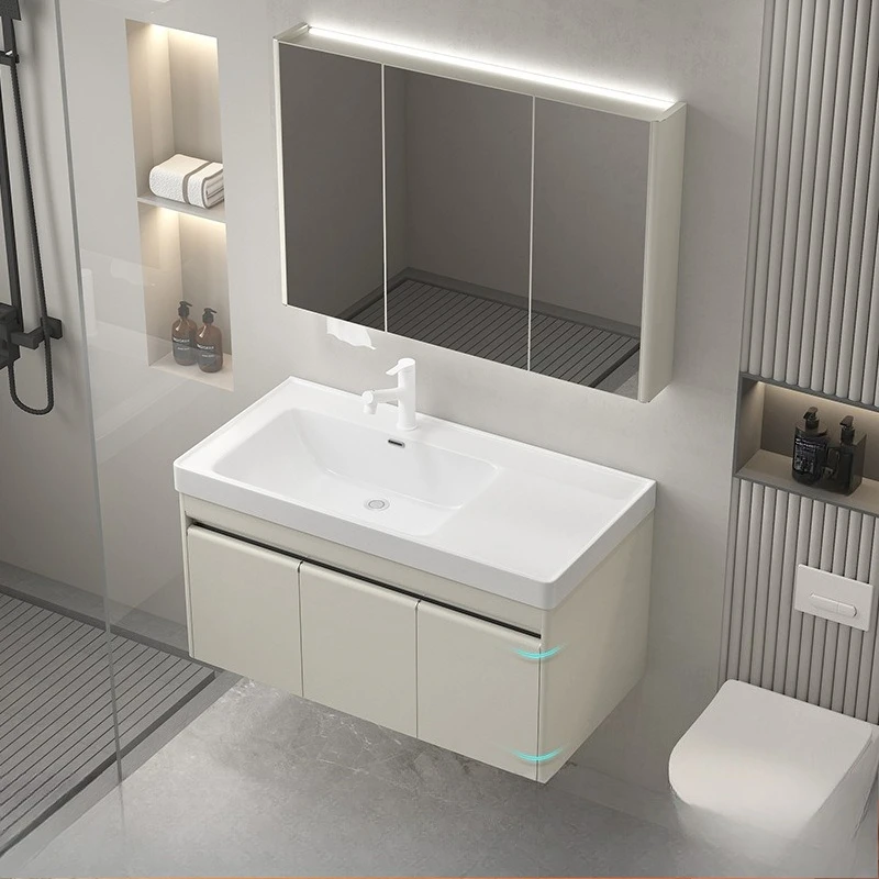 Factory Direct 2026 honeycomb aluminum bathroom cabinet hanging ceramic integrated basin combination left basin on the side toil