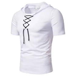 Men's Sports Drawstring Short Sleeves Casual T-shirt Summer Loose Breathable Mesh Hooded T-Shirt Outdoor Running Solid Color Top