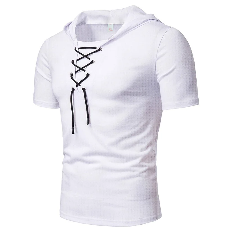 Men's Sports Drawstring Short Sleeves Casual T-shirt Summer Loose Breathable Mesh Hooded T-Shirt Outdoor Running Solid Color Top