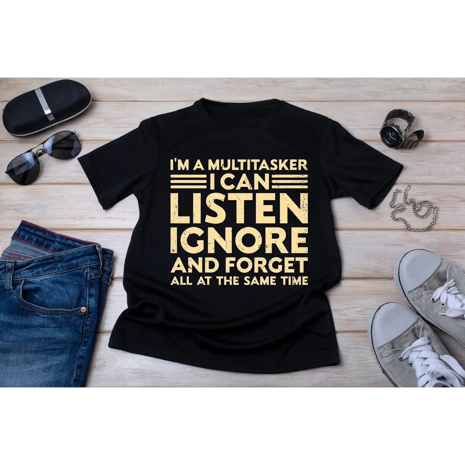 Multitasker Sarcastic T Shirt Listen Ignore Forget All vintage Washed designer clothes Unisex streetwear Stylish Breathable