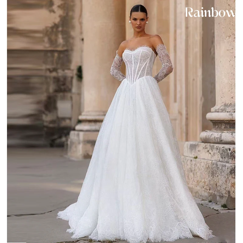 

Изящное свадебное платье, полностью вышитое кружево, трапециевидной формы, длиной до пола, бальное платье без бретелек, без рукавов, индивидуальное свадебное платье на молнии