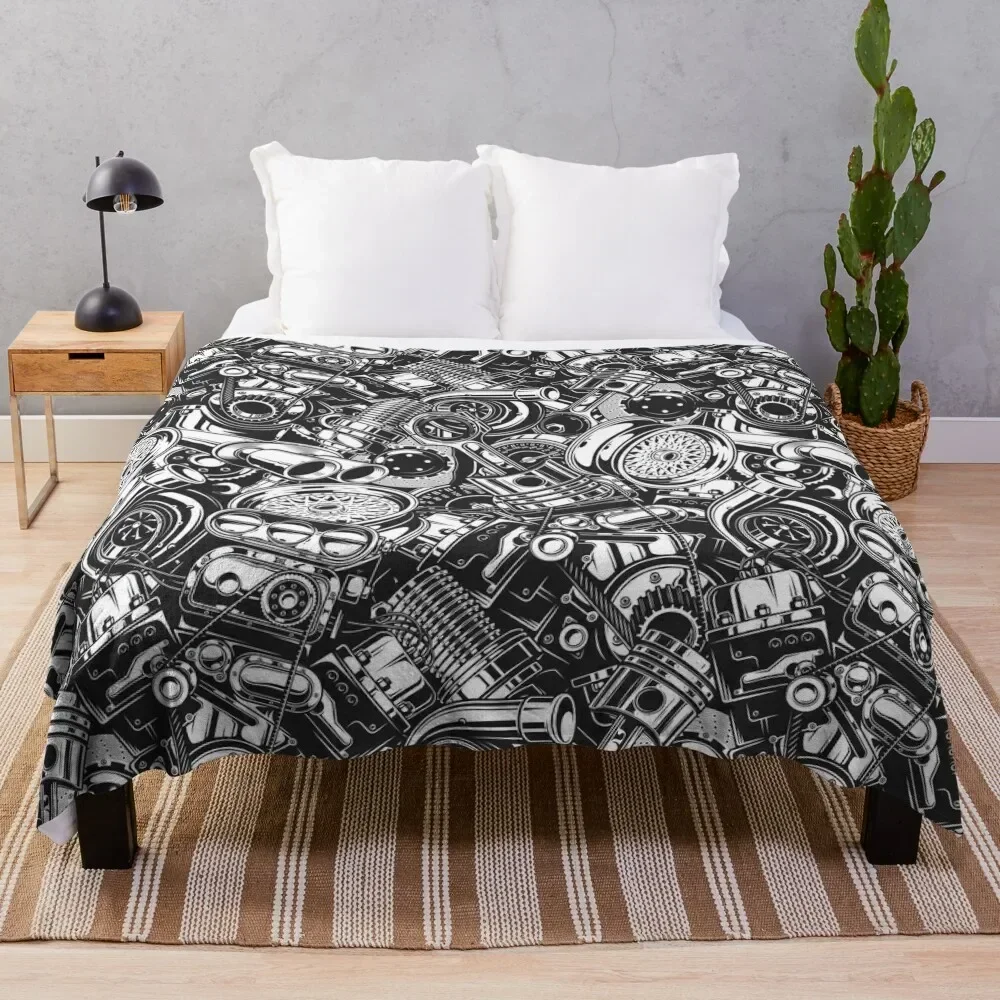 Automobile Spare Parts - Car Engine, Piston and Wheels - Petrol Head Auto Garage Art Throw Blanket Quilt Comforter Blankets