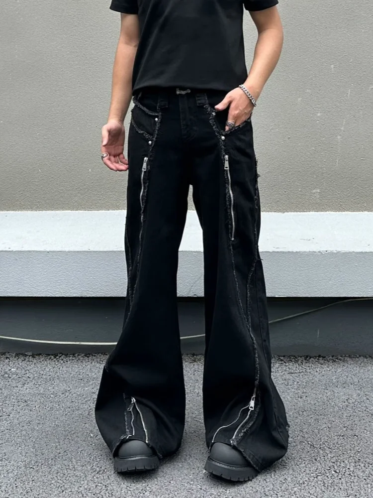 2026 Cyber Y2K Streetwear Zipper Patchwork Design Black Baggy Stacked Jeans Pants For Men Clothing Wide Leg Cotton Long Trousers