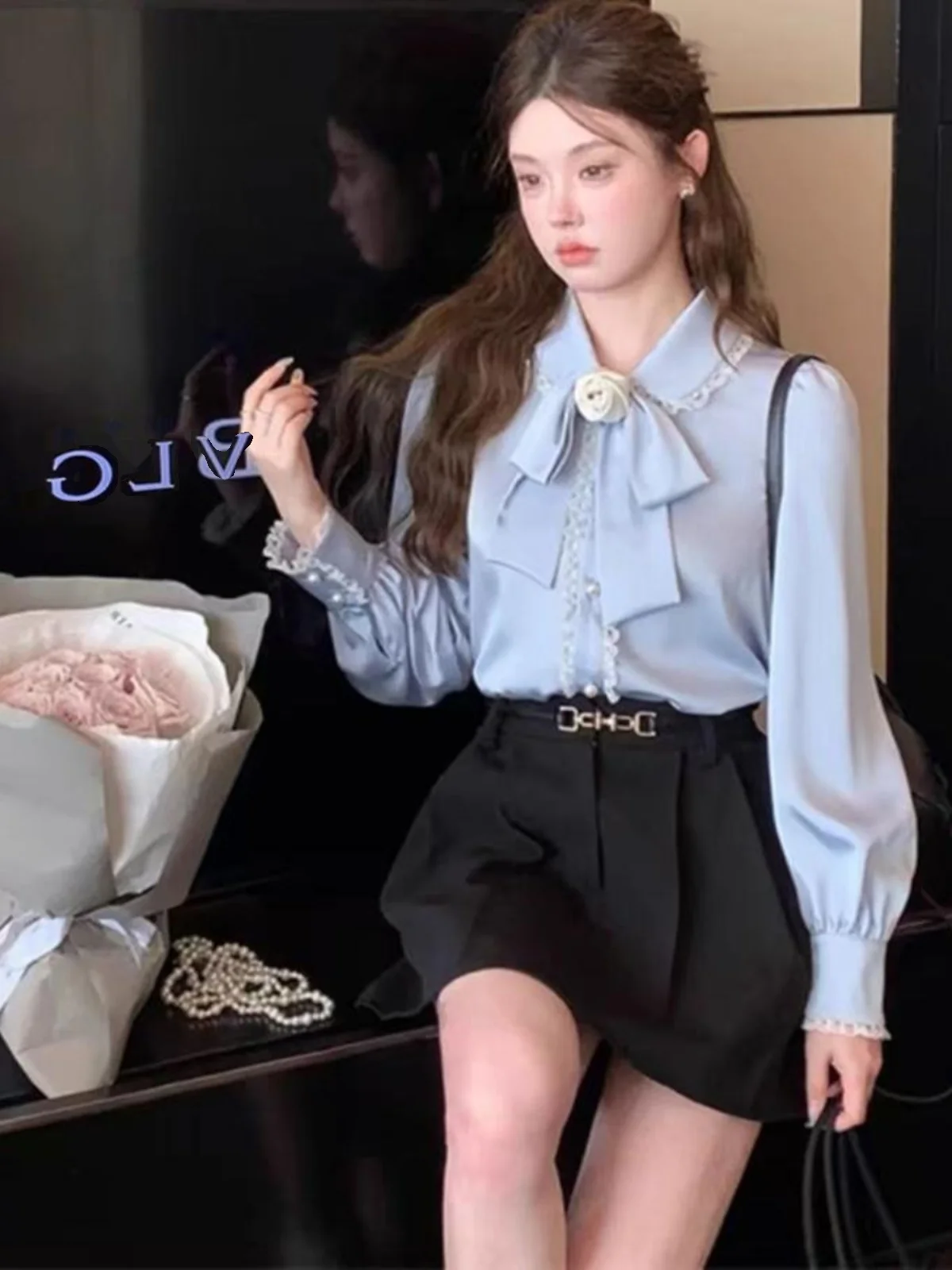 

Женская рубашка в французском стиле с воротником-бантом и узором «чайная роза», свободного кроя, осенняя модная приталенная блузка прямого кроя с длинным рукавом