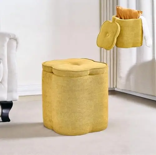 18" Flower Ottoman with Storage, Spice Yellow | Chenille Fabric Pouf,Foot Rest, Vanity Stool, Extra Seating,for Home