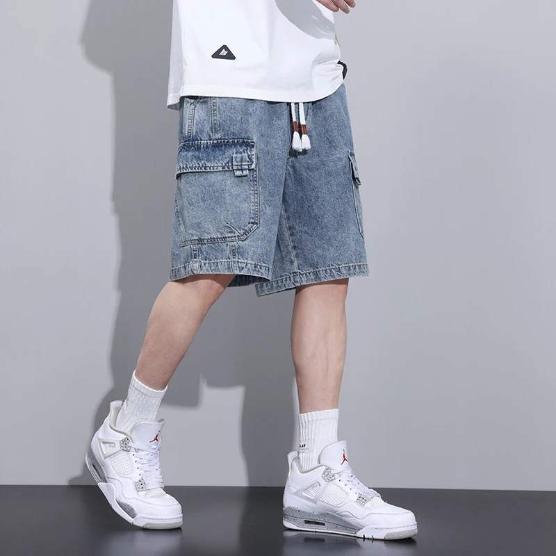 Summer Men\'s Loose Denim Shorts Blue Gray Streetwear Straight Elastic Waist Drawstring Fashionable Casual Short Jeans Male