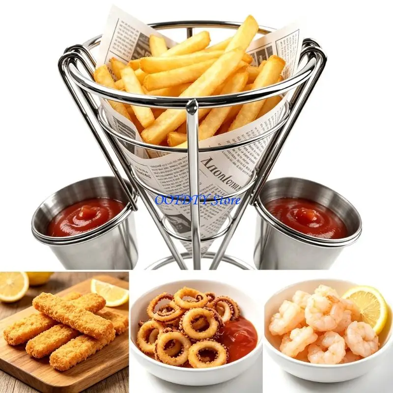 367A Metal Appetizer Basket Cone French Fry Stand For Entertaining And Catering