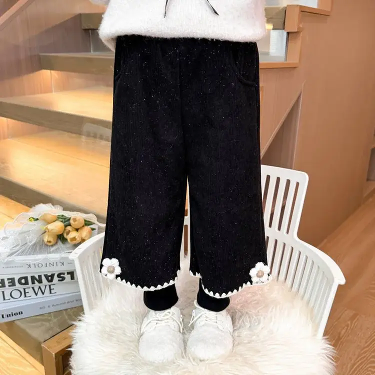 1-8Y Girls Winter Thicken Pants Velvet 3D Flower Color Contrast Kid Girl Trousers Cotton Soft Toddler Girl Fake Two Pieces Pants