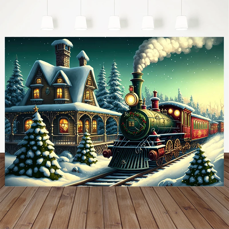 Mocsicka Outdoor Tree Snow Scenery Decoration Background Winter Retro House Prop Rail Trains Lighting Backdrop Studio Photobooth