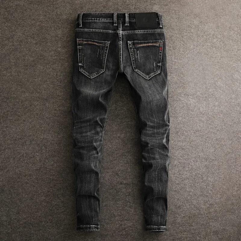 Fashionable Street Men's Fashion Street Men's Black Grey Jeans Vintage Elastic Slim Fit Split Jeans with Personalized Pockets De