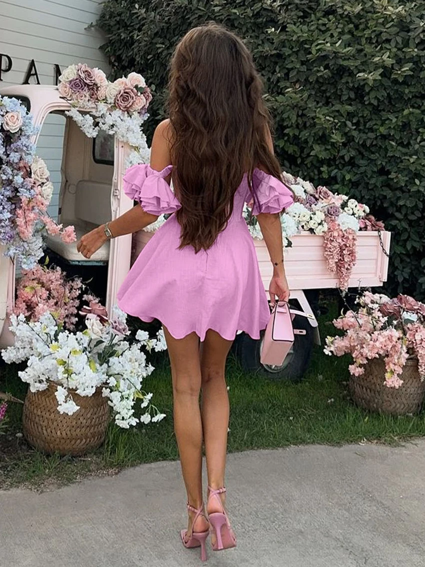 Marthaqiqi Cotton Women Pajamas Sexy V-Neck Sleepwear Short Sleeve Nightwear Backless Nightgowns Mini Dress Pink Ladies Nightie