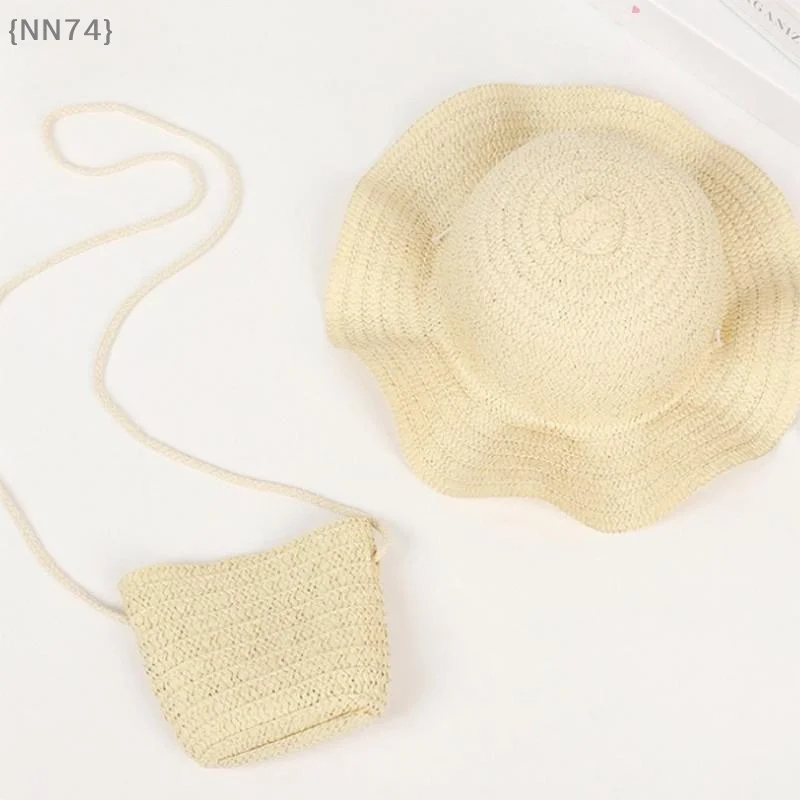 【NN74】Sommerlicher Strohhut mit gewelltem Rand und breiter Krempe für Kinder und gewebte Taschen, Reise- und Strand-Sonnenhut【W4】