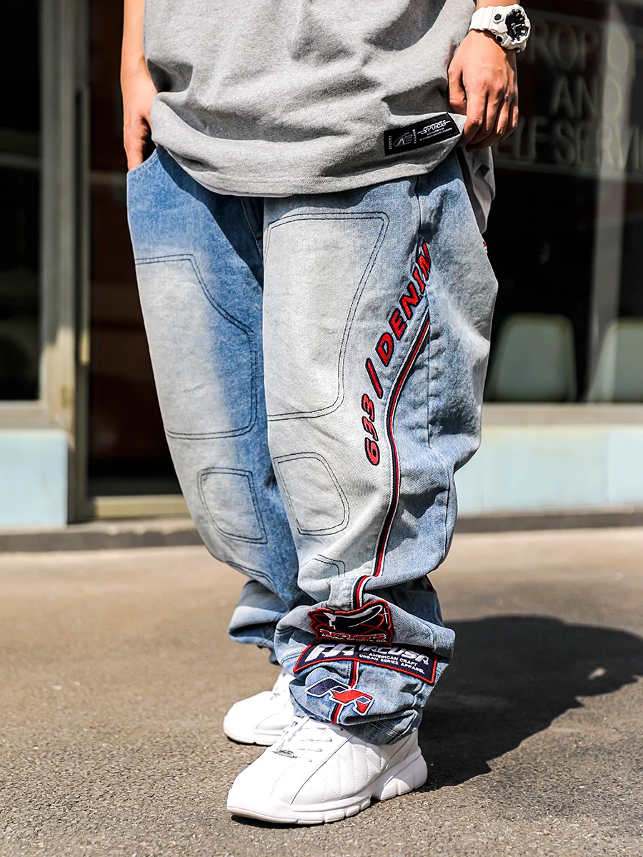 ACUSA Jeans Stacked Embroidered Washed Denim Jeans 633 Version Letter Stitching 3D Patchwork Men's Loose Straight Leg Jeans