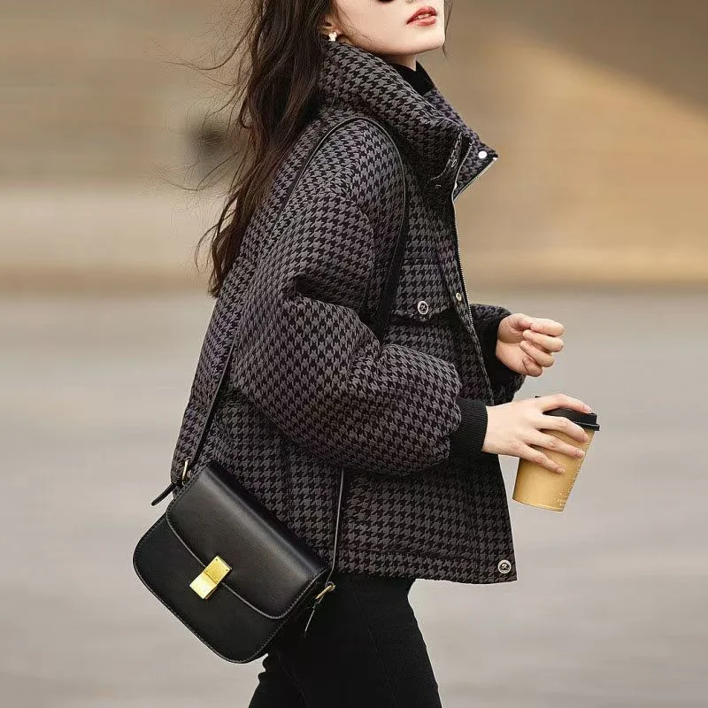 Cotton-Padded Jacket Women Parkas Winter New Short Temperament Houndstooth Cotton Coat Thicken Outerwear Fashion Overwear Ladies