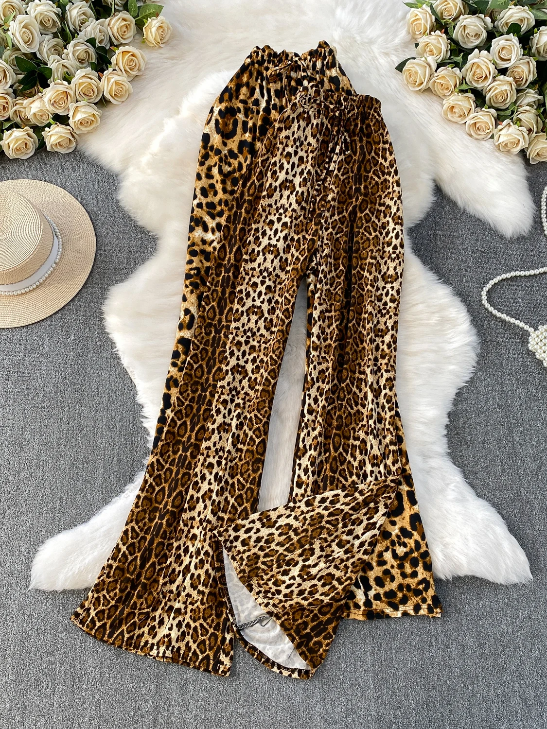 العصرية ليوبارد طباعة بنطال ذو قصة أرجل واسعة المرأة عادية عالية الخصر التخسيس متوهج السراويل ربيع الخريف جديد Sle الساخن فتاة Faion #1
