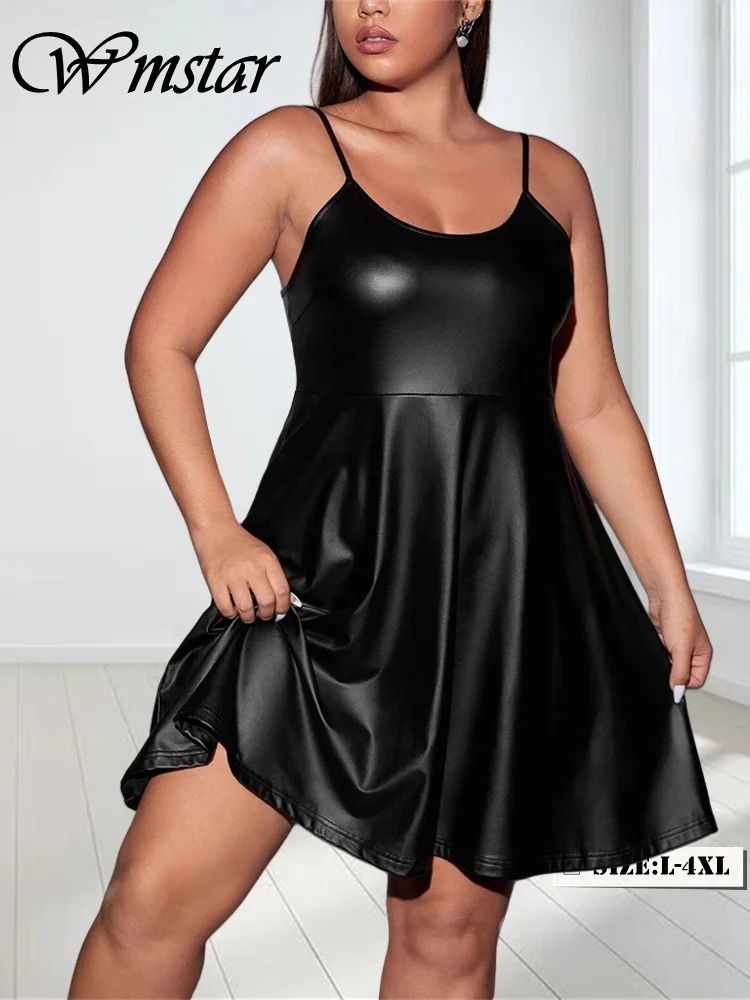 

Wmstar Plus Size Dress Women Wholesale Pu Strapless Solid Color Sleeveless High Waisted Sexy New Style Party Midi Dresses