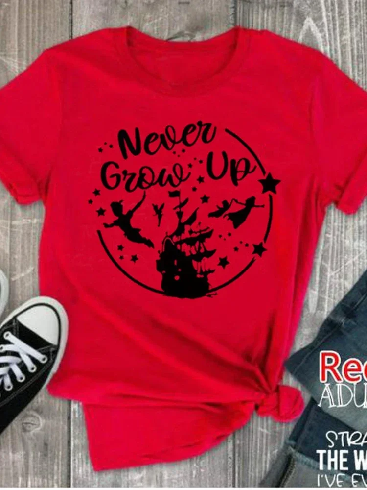 Camiseta con estampado de letras Never Grow Up para Mujer, camiseta holgada de manga corta con cuello redondo, camiseta de verano para Mujer, Tops, ropa, Camisetas para Mujer