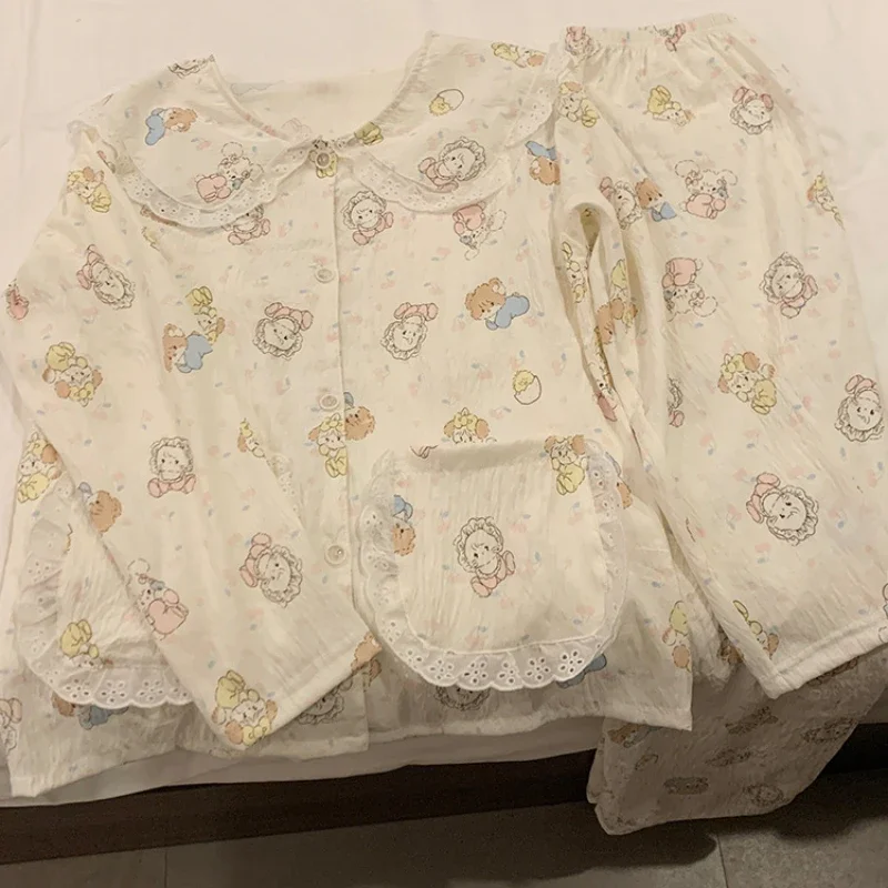 Conjunto de pijama de encaje de dibujos animados Mikko, ropa de descanso bonita y cómoda, dormitorios, dormitorios, regalos navideños, pijamas cálidos para interiores y exteriores